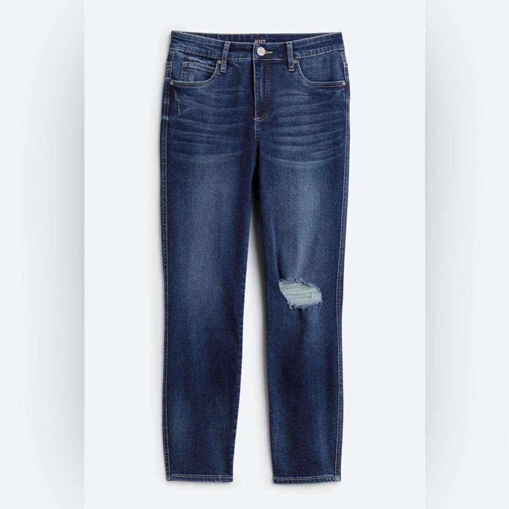 LIKE NEW KUT from the Kloth high rise slim straight distressed dark wash jean